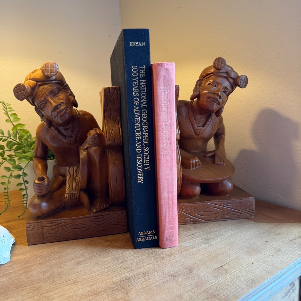 Vtg Philippine Hand Carved Wooden Tribal Figural Bookends Bayanihan Folk Art